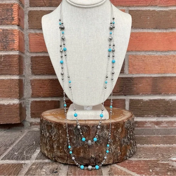 Layered Navajo Style Pearl & Turquoise Spaced Bead Necklaces - Picture 2 of 4